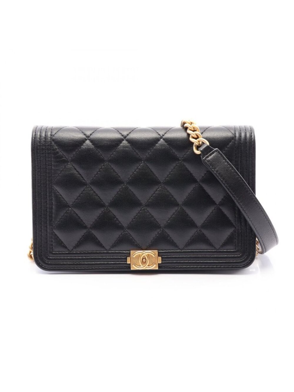 Chanel Shoulder Bag Boy Quilted Black Lambskin Chain Wallet